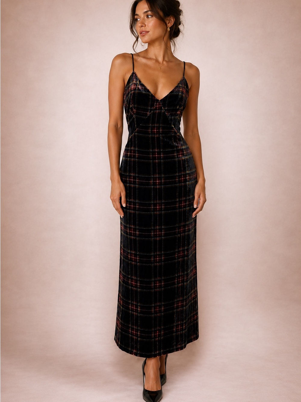J. Crew Black Plaid Velvet Maxi Slip Dress